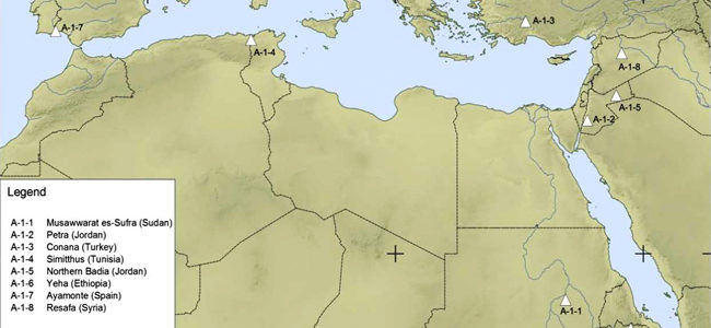 Map of study sites throughout the Mediterranean and northeastern Africa